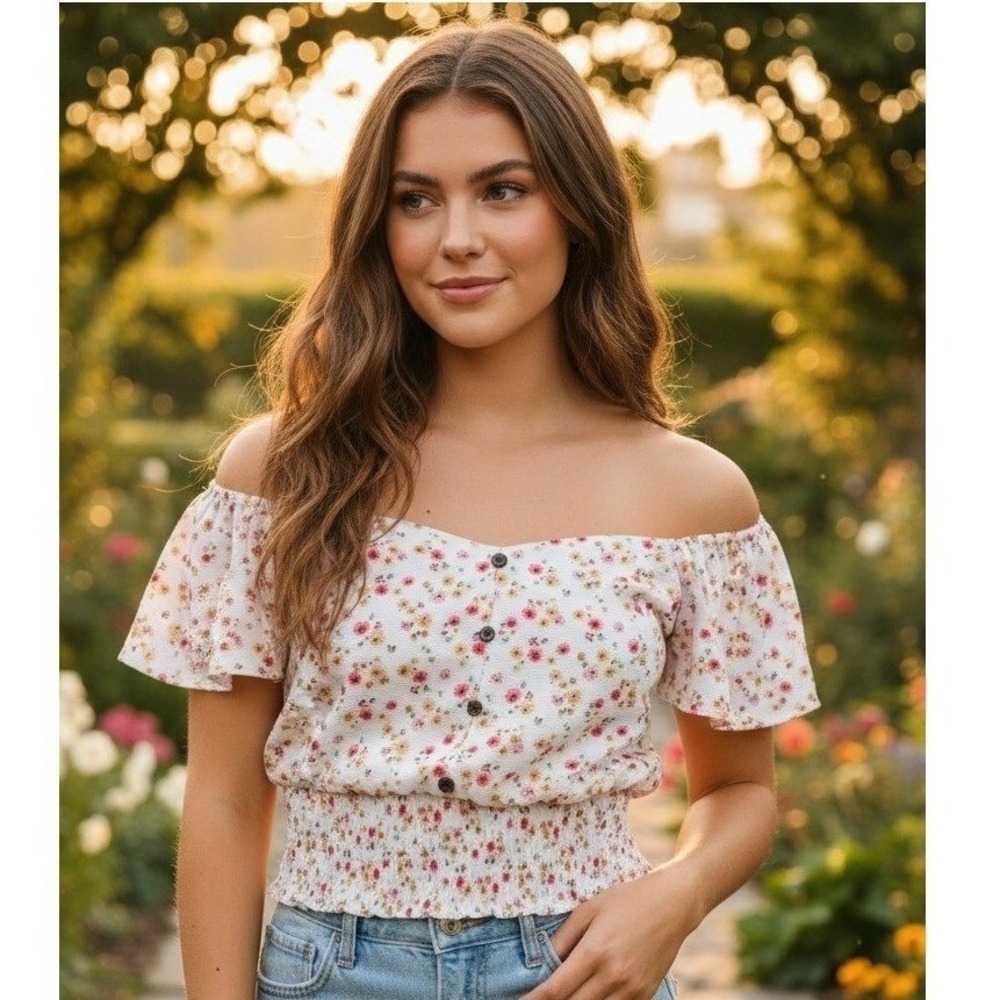 Monteau Floral Smocked Waist Flutter Sleeve Crop Top Womens M Boho Stretch Beach
